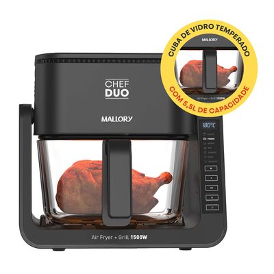 Fritadeira Elétrica Mallory Chef Duo 2 em 1 (Air Fryer e Grill) - 1500W, Cuba de Vidro Temperado com 4L , Cesto para Grill em Aço Inox com 1,5L