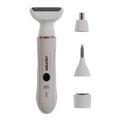 Depilador Feminino Mallory Multi Senses – 4 em 1, Aparador Corporal, Rente à Pele, Nariz e Sobrancelhas, Case para Viagem – Bivolt